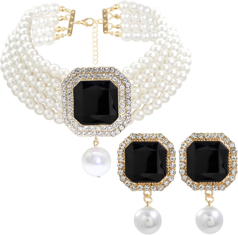 Pearl Choker Necklace for Women Gold Crystal Rhinestone Pearl Collar Statement Necklaces Earrings Bridal Pearls Diamond jewelry Set for Wedding